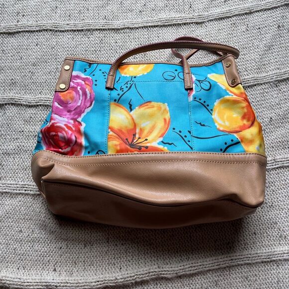 Naturalizer floral purse, teal background with pink, orange and yellow flowers. - Picture 1 of 11